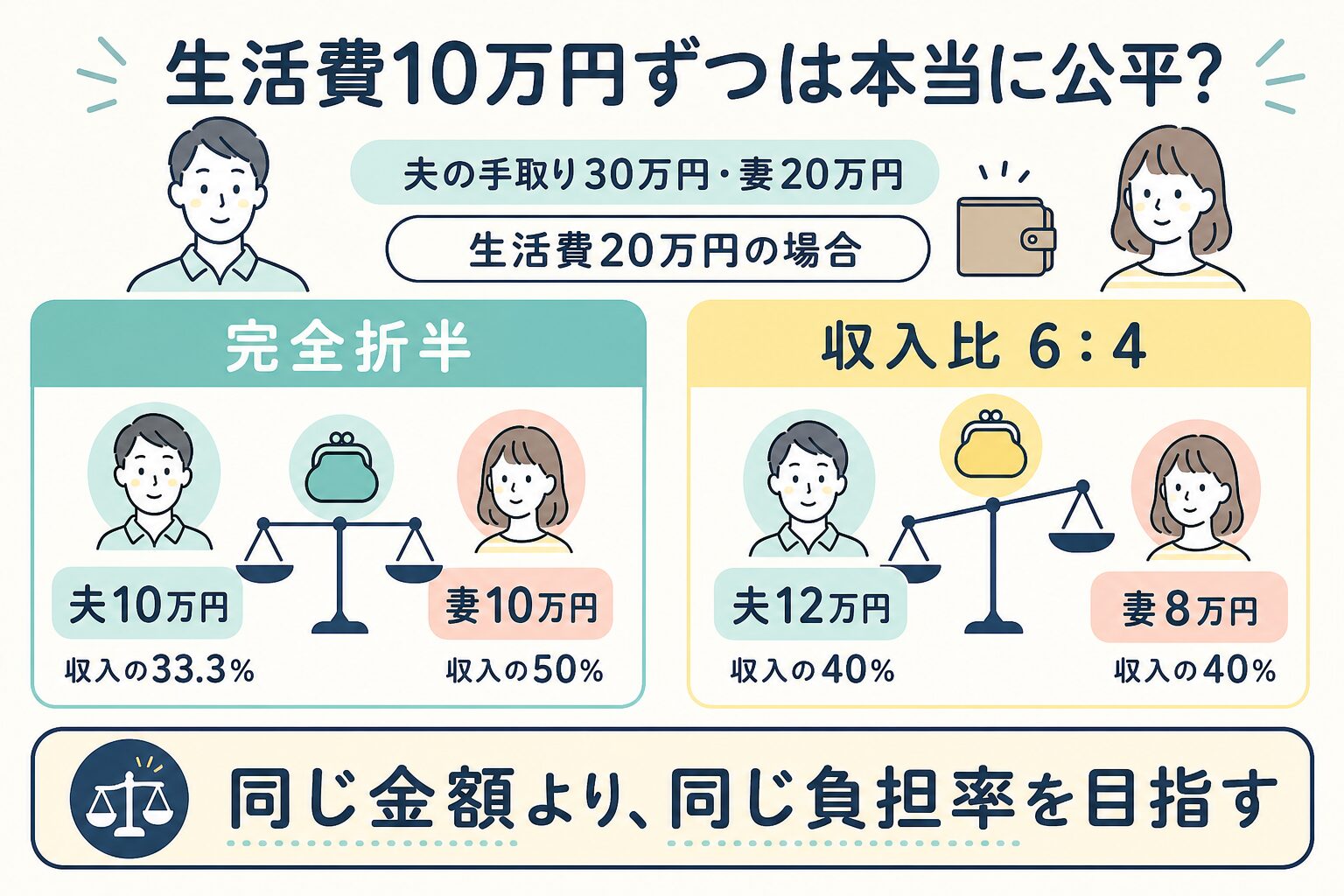 生活費を折半と収入比で分けた場合の比較