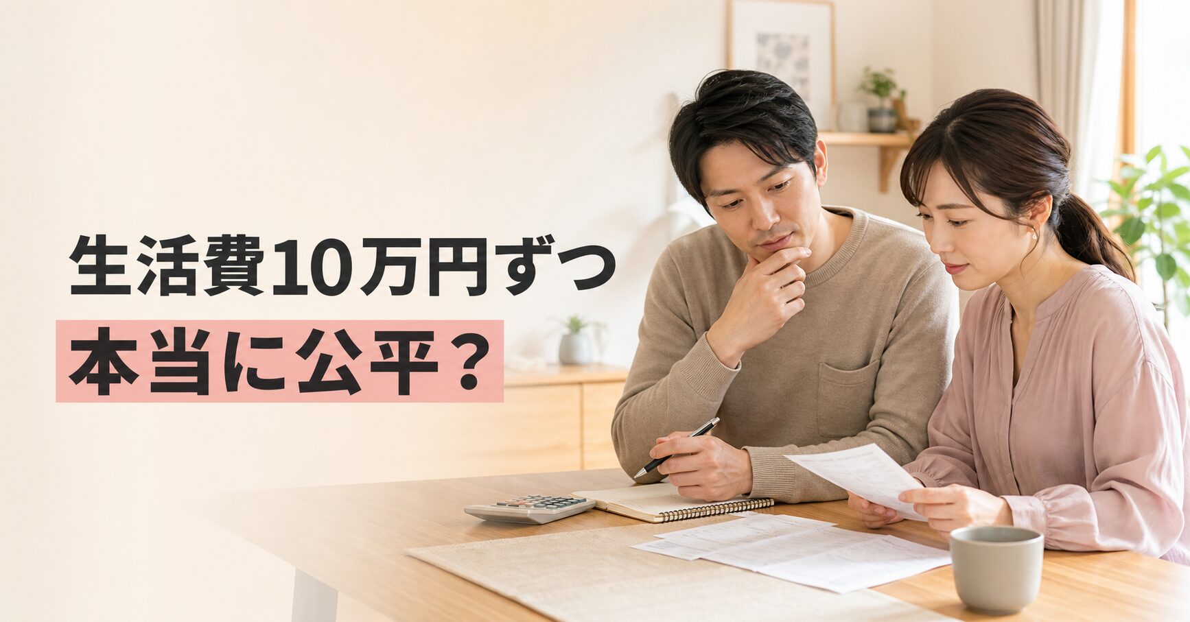 家計を確認する共働き夫婦と「生活費10万円ずつ 本当に公平？」の文字