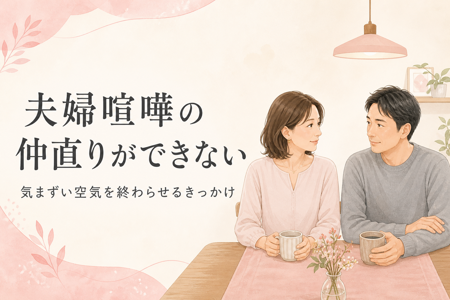 夫婦喧嘩のあと、会話を始めようとする40代夫婦のイラスト
