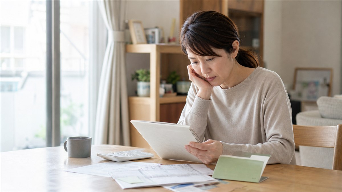 教育費と老後資金の家計に悩みながら計算する女性