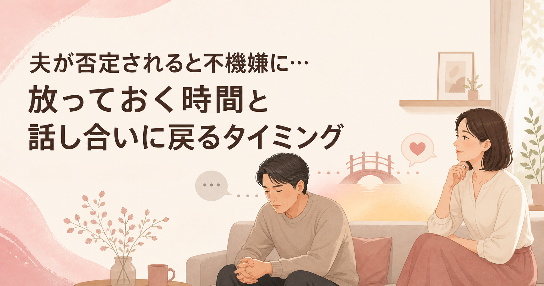 夫が否定されたと感じて不機嫌になったとき、妻がそっと距離を置く様子