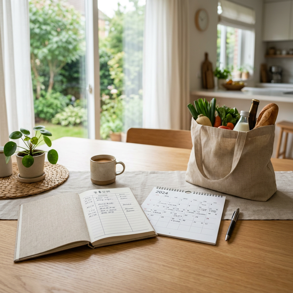 Kitchen table with groceries, coffee, notebook, pen, and 2024 calendar